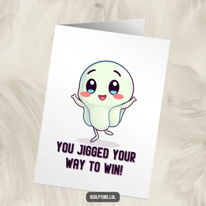 Funny Free Printable Congratulations Card: A wobbling jelly character doing an energetic, funny jig to celebrate success.
