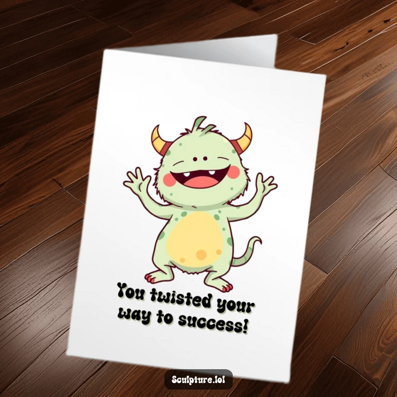 Funny Free Printable Congratulations Card: A quirky monster balancing precariously in a comical yoga posture.
