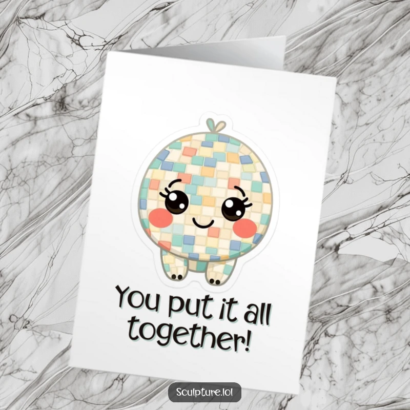 Funny Free Printable Congratulations Card: a curious mosaic character with tiny smiling tile eyes celebrating success.