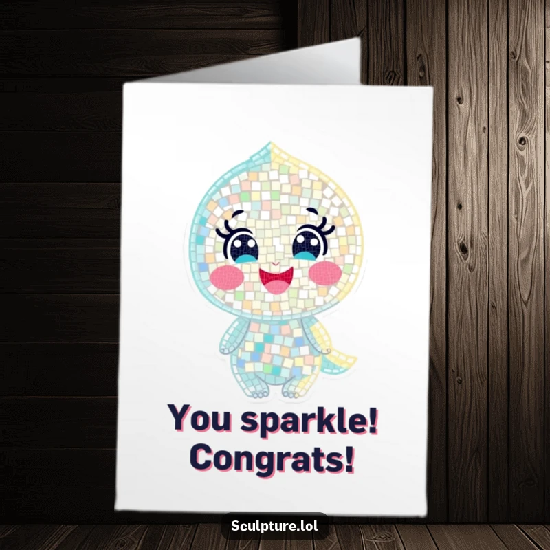 Funny Free Printable Congratulations Card: A joyful mosaic character made of tiny shimmering pieces, sparkling with success.