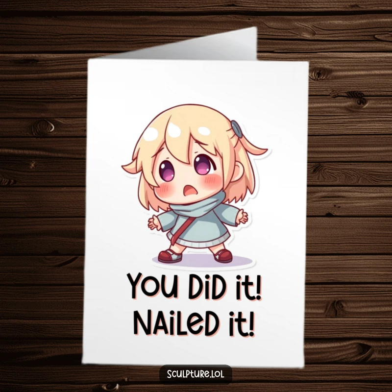 Funny Free Printable Congratulations Card: A surprised resin figure humorously losing its balance, perfect for unexpected joy.