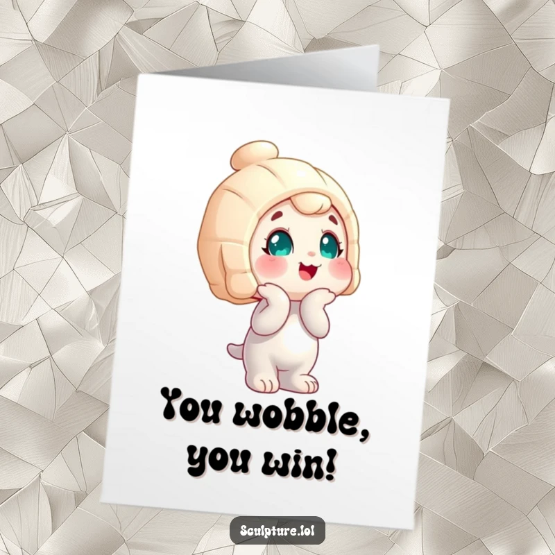 Funny Free Printable Congrats Card: A wobbly statue character tilts its head with a curious expression, offering congratulations.