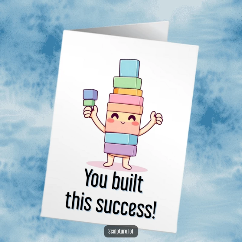 Funny free printable congratulations card with a happy character holding up a wobbly, colorful block tower.