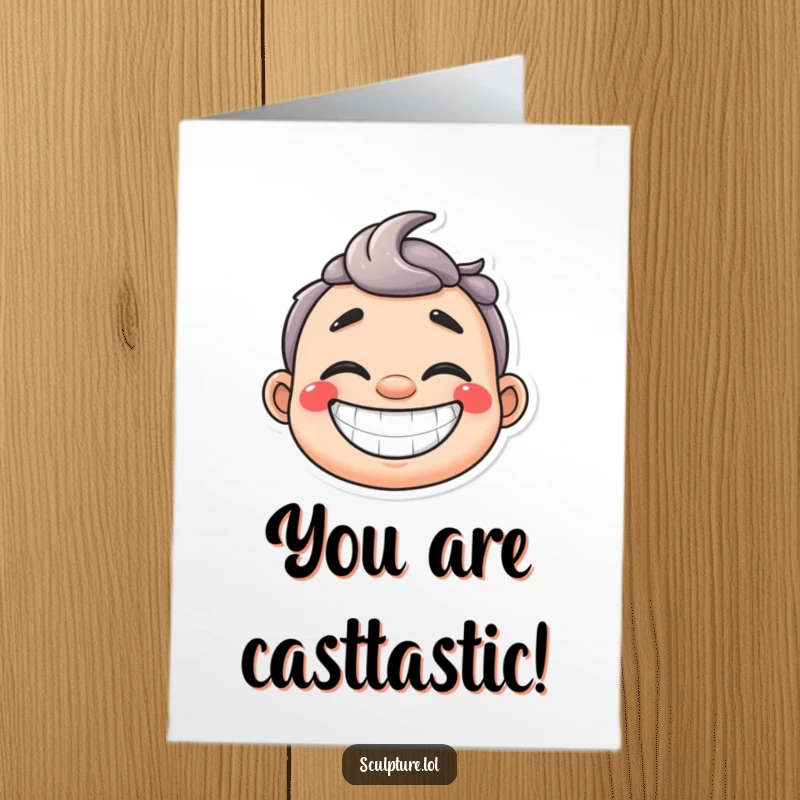 Funny Free Printable Plaster Cast Congrats Card: Happy character with a wide grin, celebrating success.