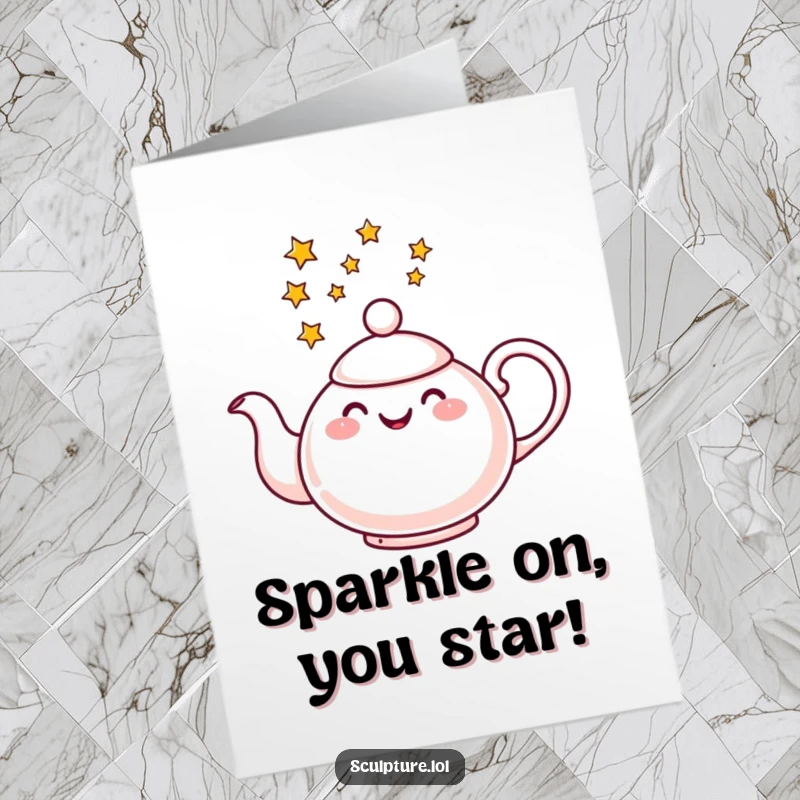 Funny Free Printable Congrats Card: A cheerful teapot pours a stream of bright stars, symbolizing a brilliant and sparkling success.