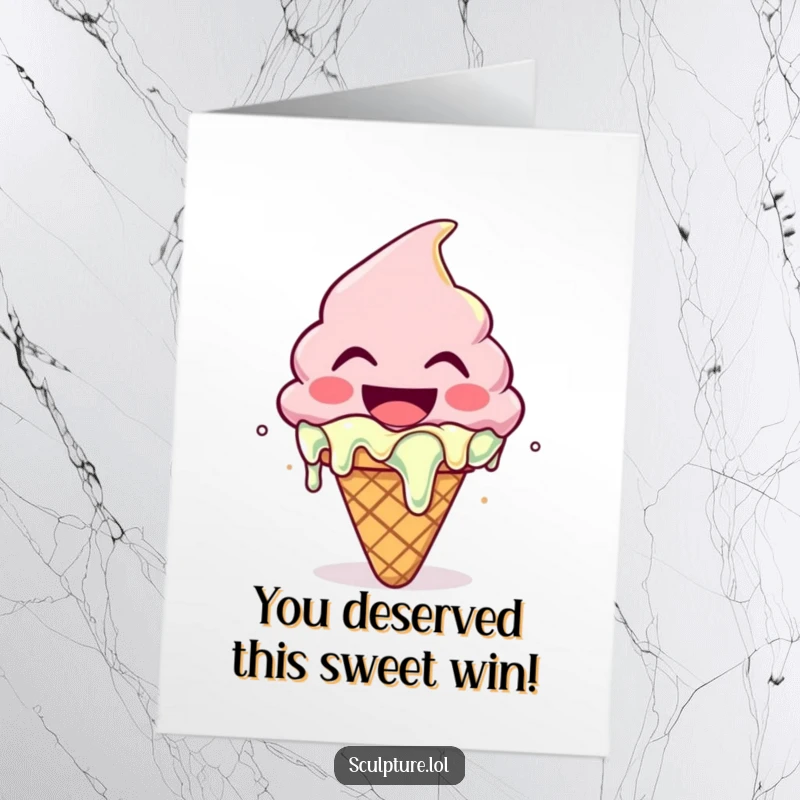 Funny Free Printable Congrats Card: A melting ice cream cone character gleefully celebrating an achievement, pure joy.