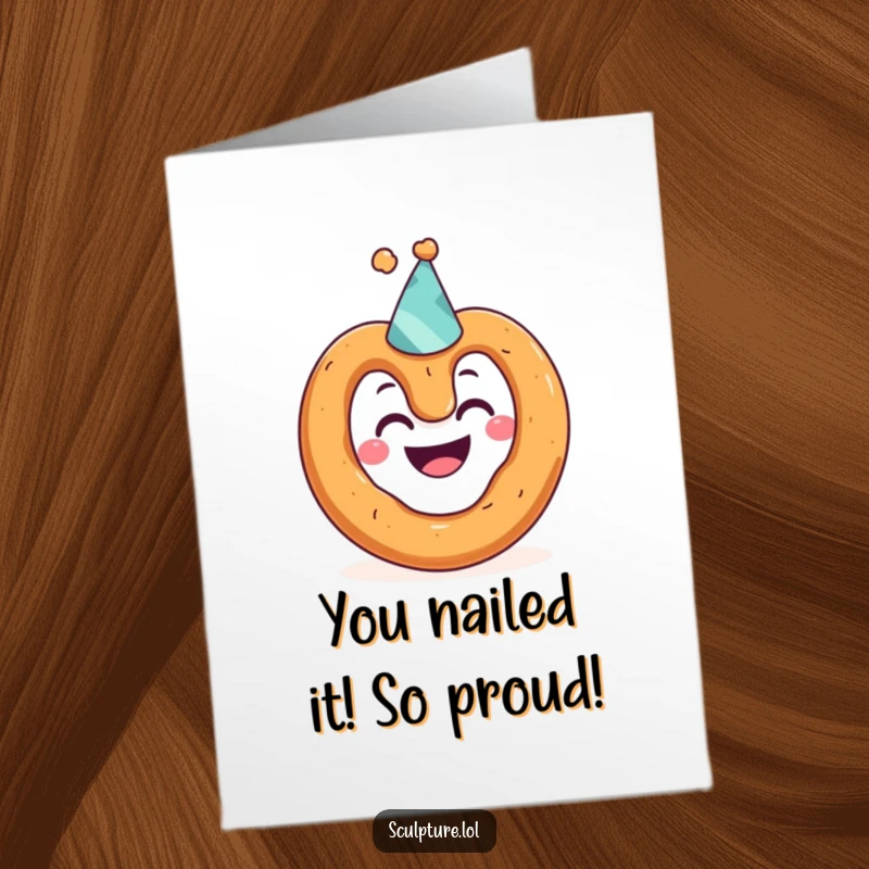 Funny Free Printable Congratulations Card: A grinning pretzel character wearing a party hat, celebrating your success.