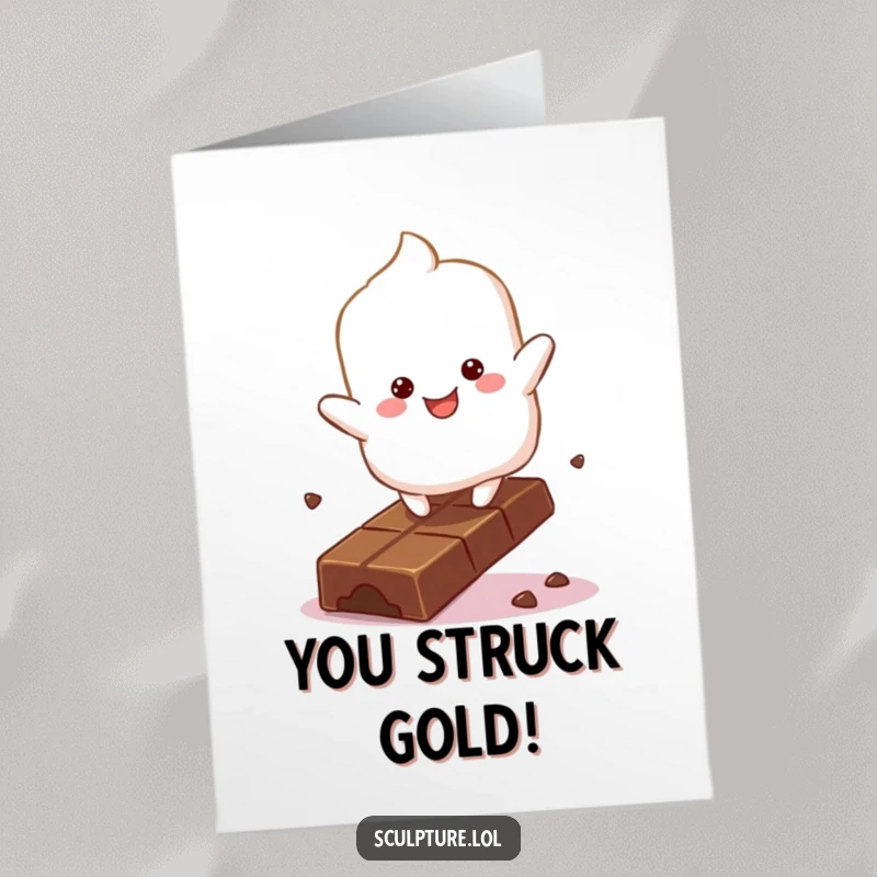 Funny Free Printable Marshmallow Congrats Card: Fluffy marshmallow character bouncing happily on a chocolate bar to celebrate an achievement.