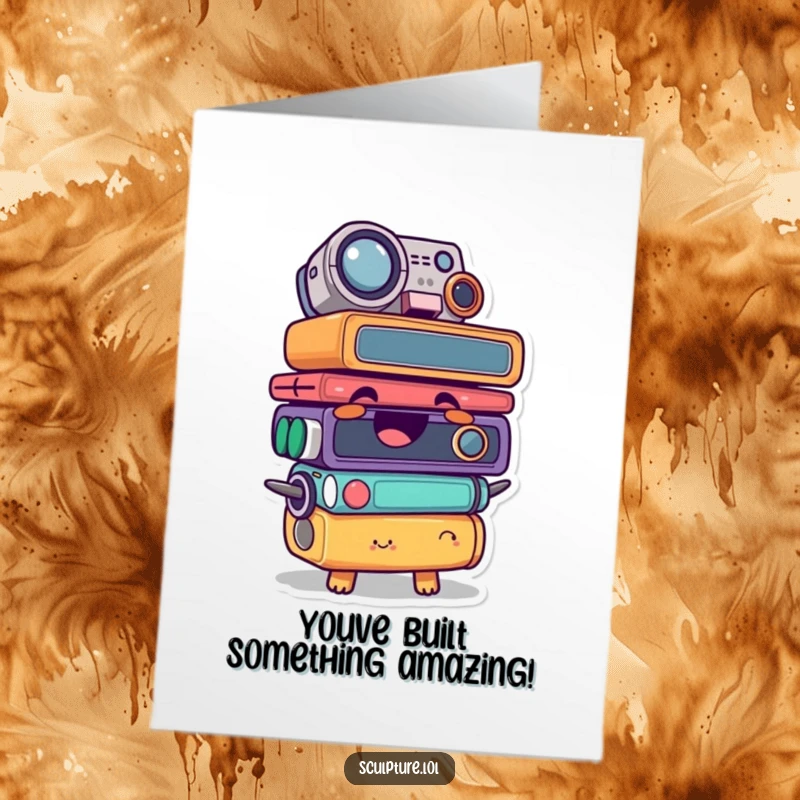Funny Free Printable Congratulations Card: A giggling found object character piled high in a comical stack, offering congratulations.