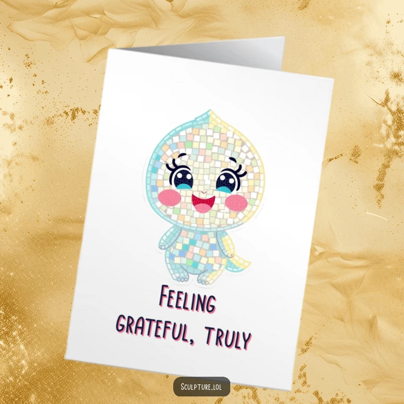 Funny Free Printable Thank You Card: A joyful mosaic character with tiny shimmering pieces, expressing thanks with sparkle.