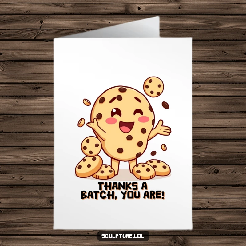 Funny Free Printable Thank You Card: A delighted chocolate chip cookie character juggling cookies, offering thanks with a smile.