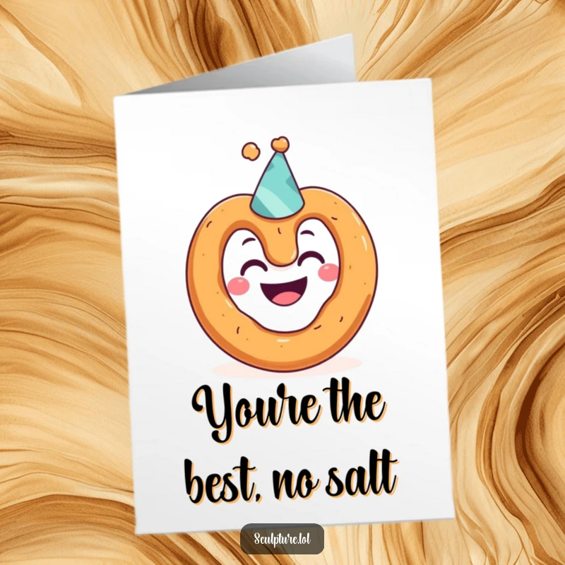 Funny Free Printable Thank You Card: A grinning pretzel character with a party hat, offering thanks with a smile.