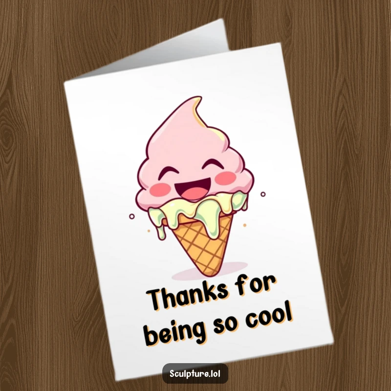 Funny Free Printable Thank You Card: Melting ice cream cone character expressing sweet thanks, a delightful gesture.