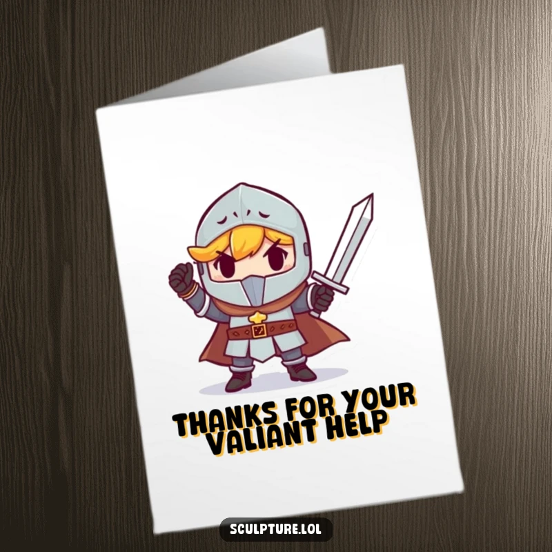 Funny free printable thank you card with a small knight holding a tiny sword, showing gratitude for heroic actions.