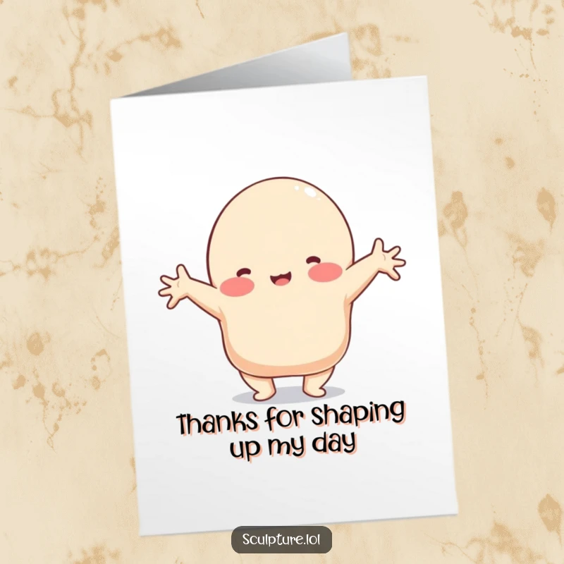 Funny Free Printable Thank You Card: A playful clay blob character stretching into a funny, silly shape.