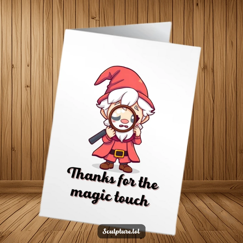 Funny Free Printable Thank You Card: Curious tiny wizard looking closely through a magnifying glass, a thoughtful thank you.