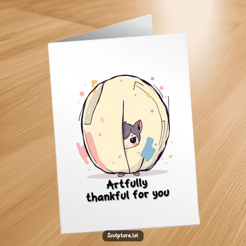 Funny Free Printable Thank You Card depicting a mischievous character hiding behind a large, eccentric abstract art installation.