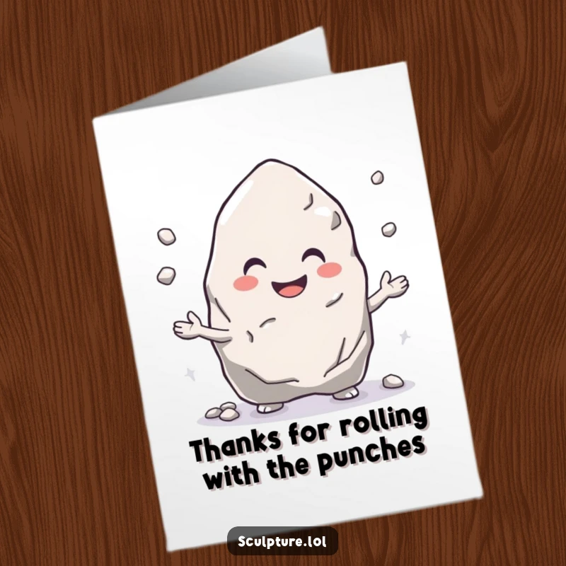Funny Free Printable Thank You Card: A happy rock character juggling pebbles with infectious glee.
