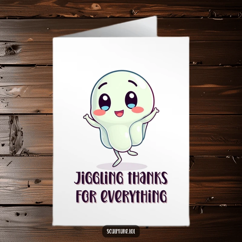 Funny Free Printable Thank You Card: A wobbling jelly character performs a silly jig to express thanks.