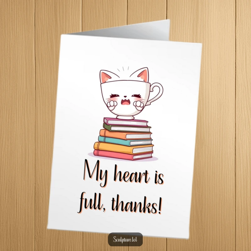 Funny Free Printable Thank You Card: A startled teacup with tiny paws balancing on wobbly books, expressing thanks.