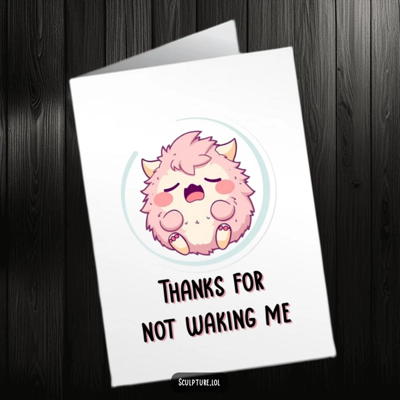 Funny free printable thank you card showcasing a fluffy monster yawning within a bubble, a unique DIY thank you.
