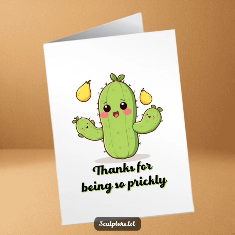 Funny Free Printable Thank You Card: A cheerful cactus excitedly juggling prickly pears, offering warm, prickly thanks.