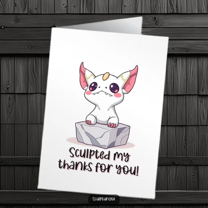 Funny Free Printable Thank You card of a bizarre creature escaping marble, expressing unique gratitude.