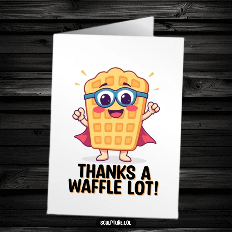 Funny Free Printable Waffle Superhero Thank You Card: A smiling waffle strikes a superhero pose, exuding gratitude and charm.