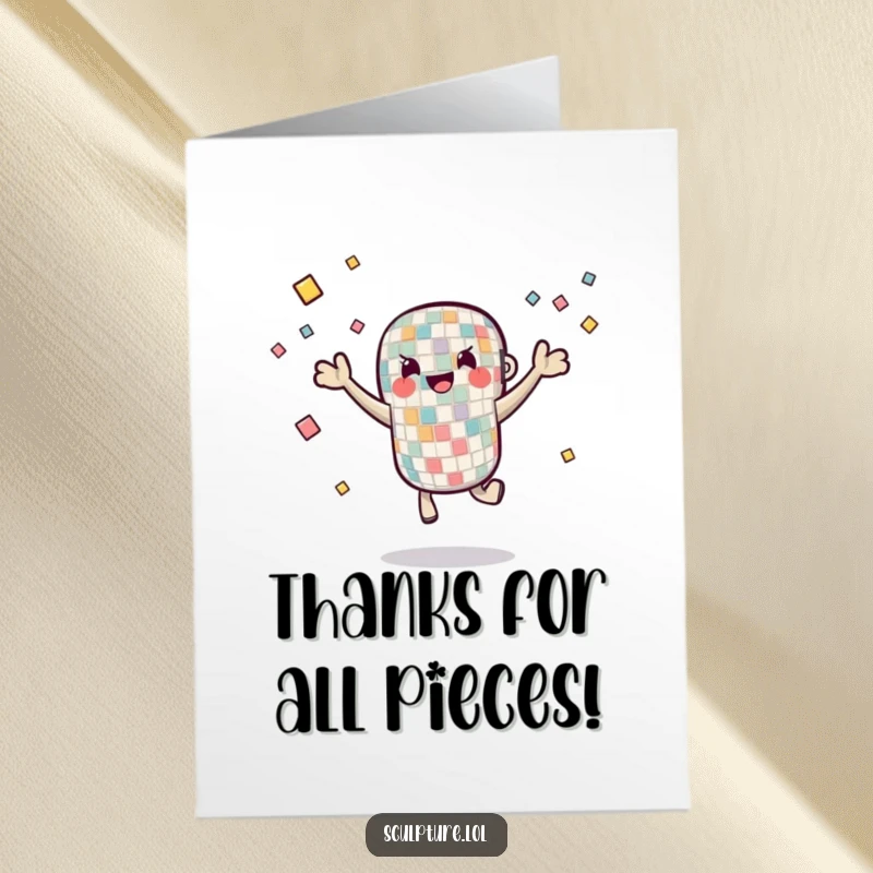Funny Free Printable Thank You Card: A cheerful mosaic tile character balances and juggles small pieces, a colorful expression of gratitude.