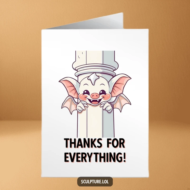 Funny Free Printable Thank You Card: A giggling gargoyle playfully peeks from behind a column, offering a surprise thank you.