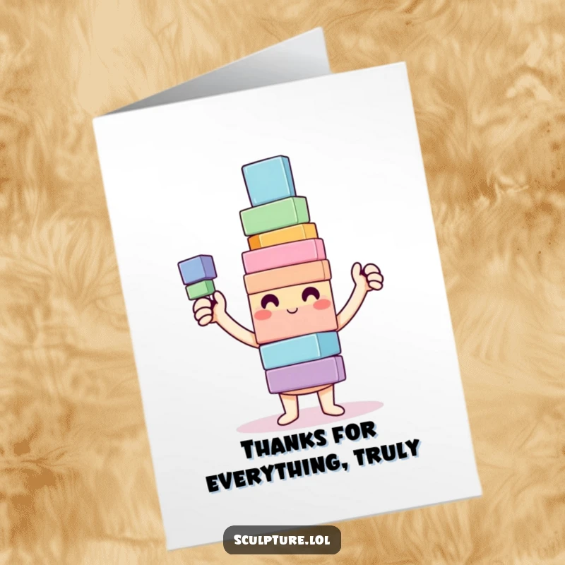 Funny free printable thank you card depicting a happy character proudly showing a wobbly, colorful tower of blocks.