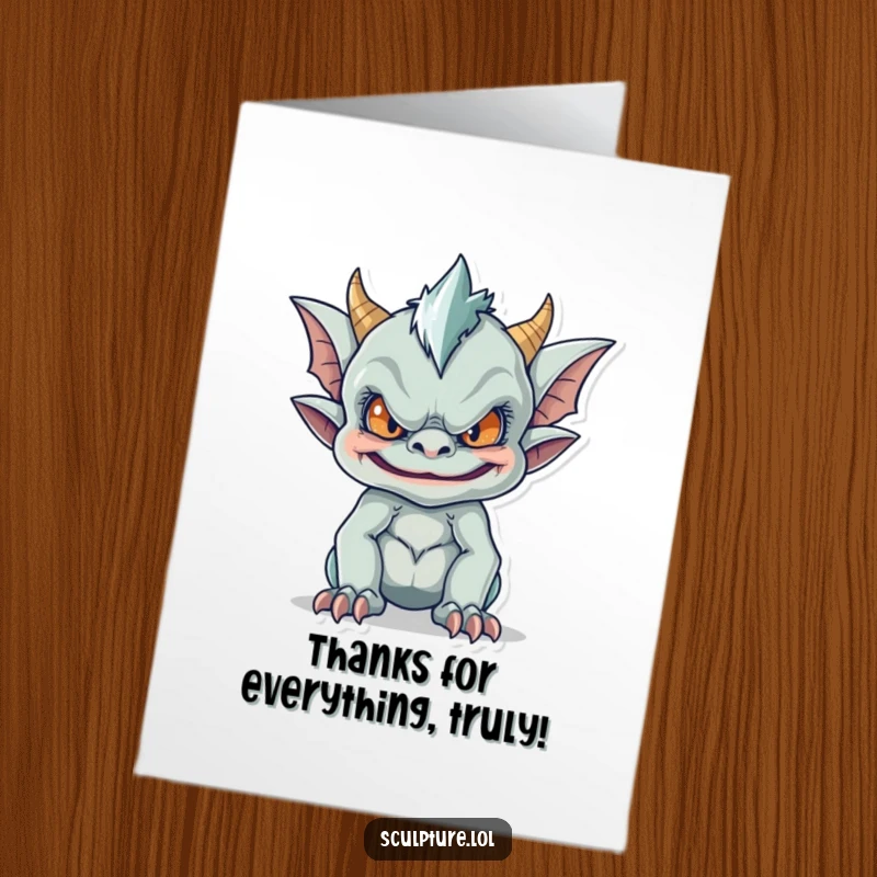 Funny Free Printable Thank You card of a mischievous gargoyle making a funny face, showing appreciation playfully.
