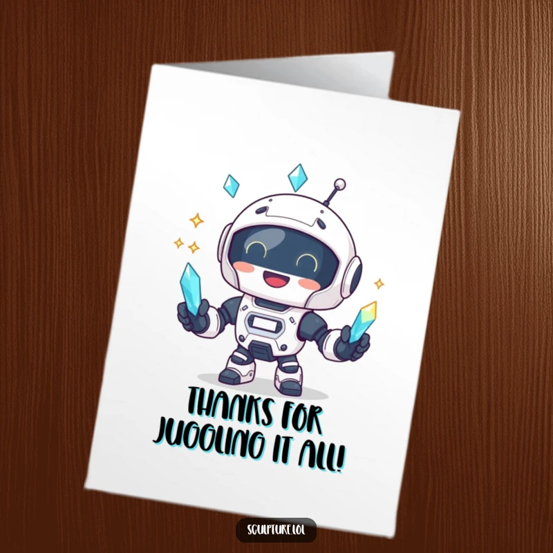 Funny Free Printable Thank You Card: Robot juggles shimmering crystals, expressing thanks with delightful precision and charm.