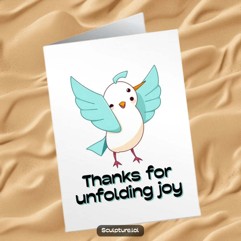 Funny Free Printable Thank You Card: A paper origami bird opening its wings with a joyful expression.