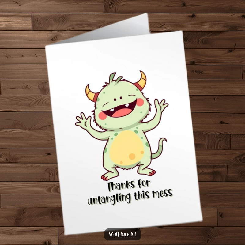 Funny Free Printable Thank You Card: A charmingly odd monster striking a funny, pretzel-like yoga pose.