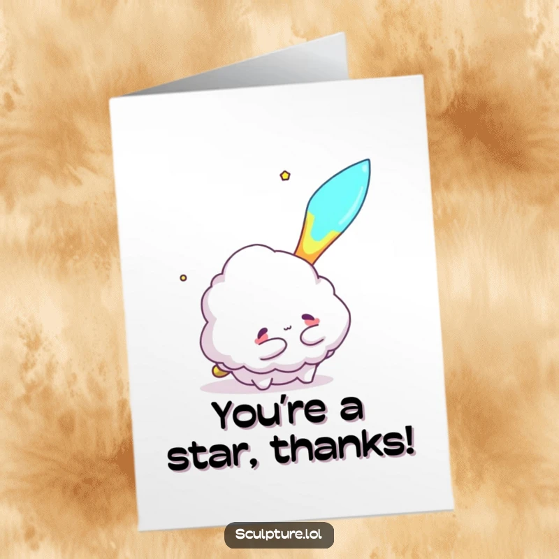 Funny Free Printable Thank You Card: A fluffy cloud character trying to hug a flying meteor, conveying thanks.