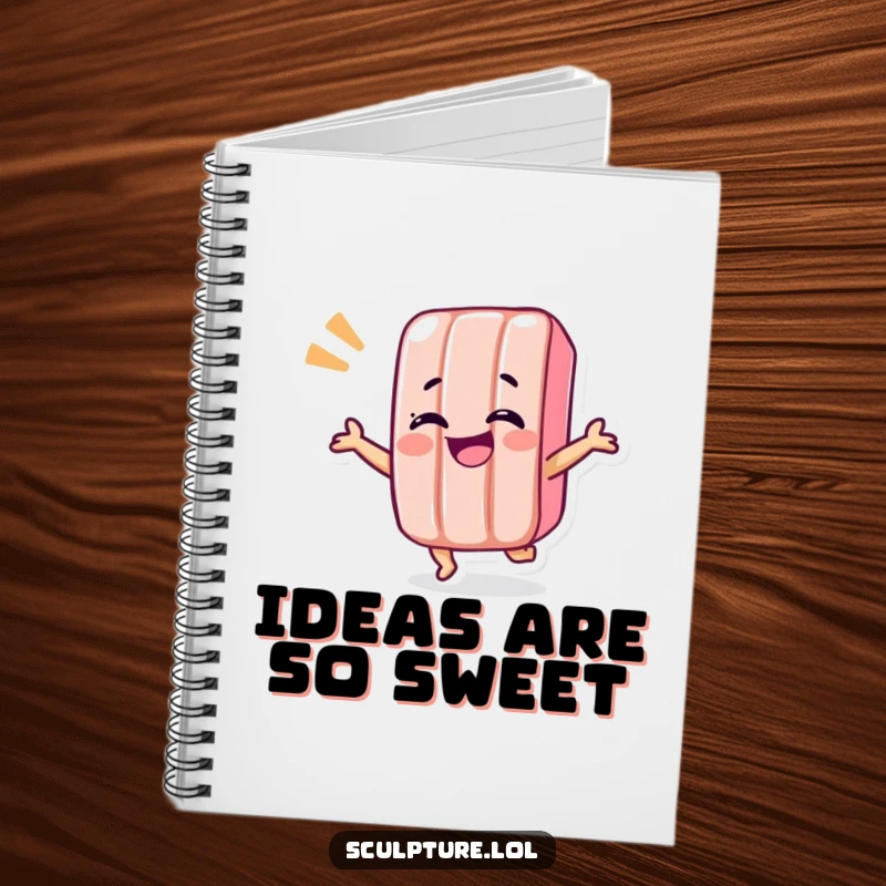 Funny candy bar notebook showcasing a giggling candy bar character doing a fun shimmy, ideal for note-taking.