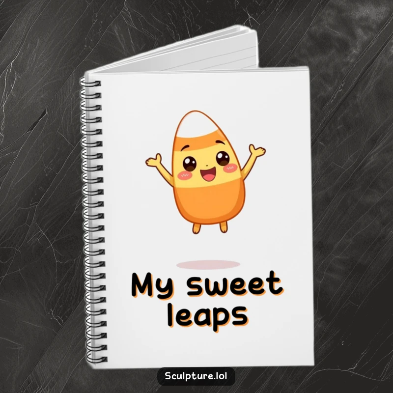 Funny notebook with a happy candy corn character doing a silly leap, ideal for jotting down notes with a dose of Halloween fun.