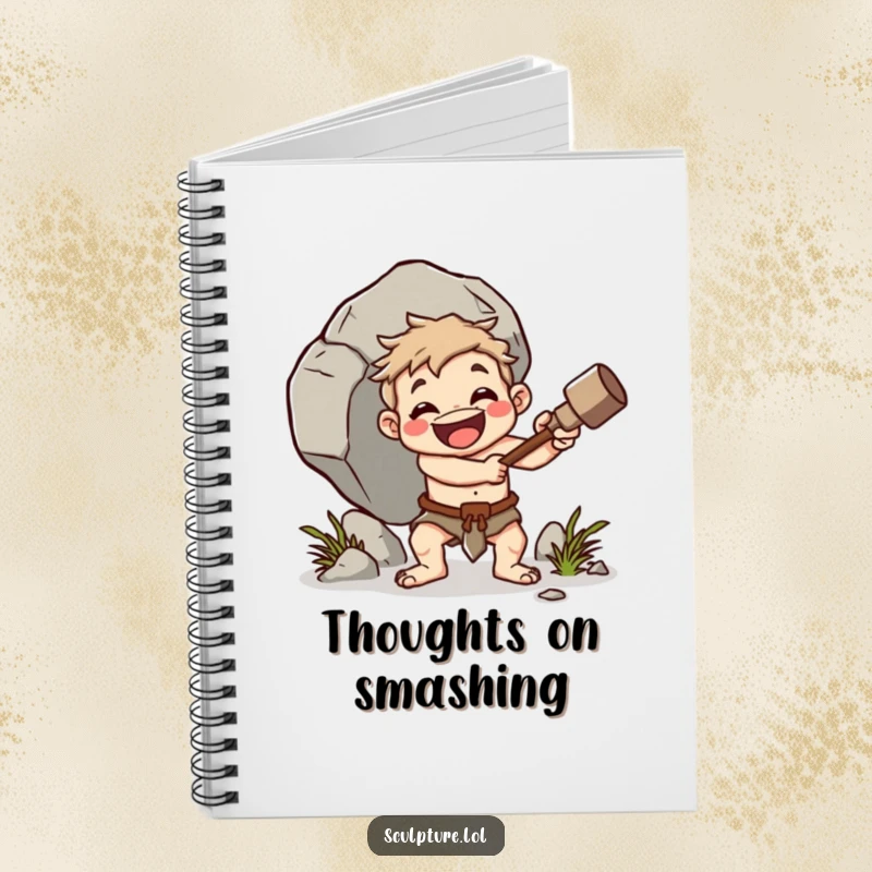 Funny caveman notebook, cheerful character whacking boulder with club, primitive journaling, strong note-taking, perfect funny gift.
