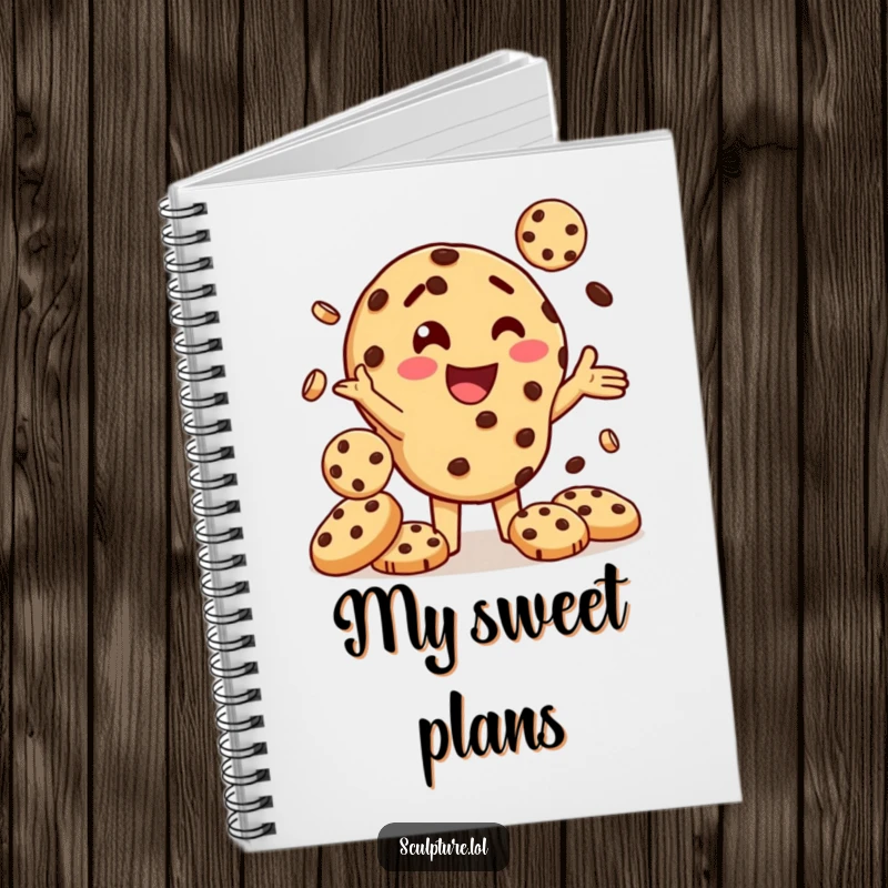 Funny notebook cover featuring a delighted chocolate chip cookie character juggling small cookies, ideal for writing sweet thoughts and recipes.