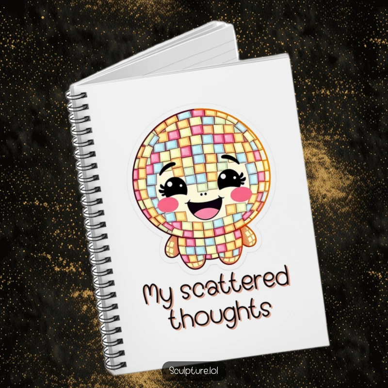 Funny notebook with a grinning mosaic character made of shimmering, happy tiles, perfect for artists.