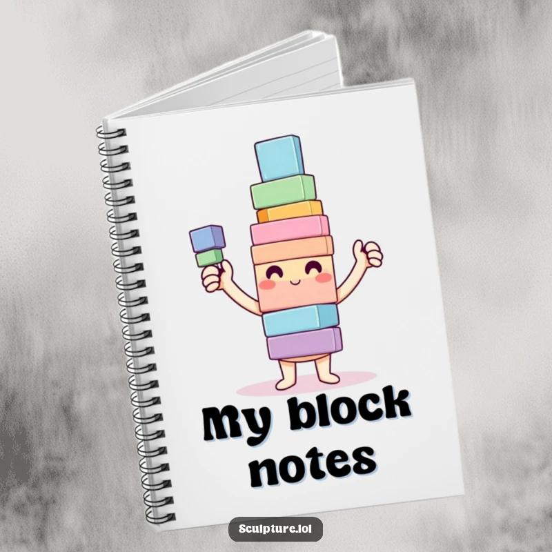 Funny Notebook with a happy character proudly displaying a colorful, wobbly tower of blocks, perfect for note-taking.