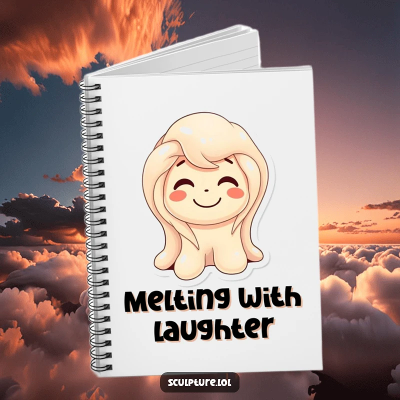 Funny melting wax sculpture notebook featuring a smiling character gently melting, ideal for jotting down creative and amusing ideas.