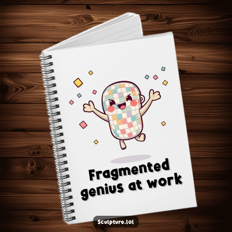 Funny Notebook with a mosaic tile character juggling small pieces, designed to inspire creativity and capture brilliant artistic ideas.