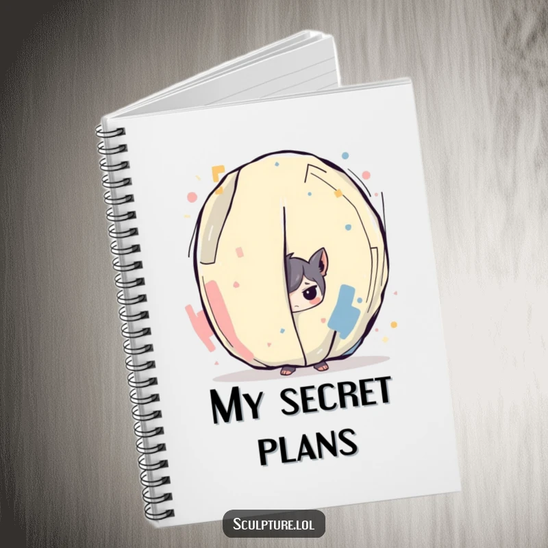 Funny notebook featuring a mischievous character hiding behind an abstract art piece, ideal for jotting down notes with a touch of playful secrecy.