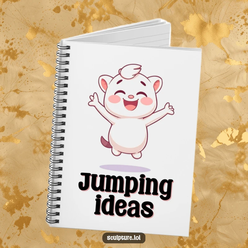 Funny plaster cast notebook with a giggling character jumping sideways, ideal for jotting down funny ideas.