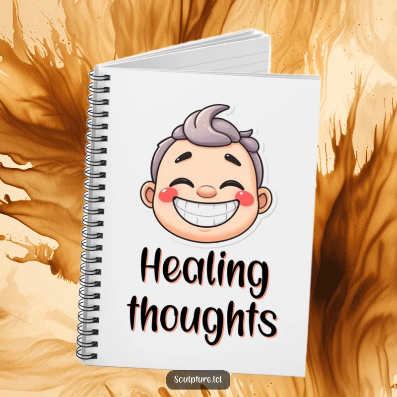 Funny happy plaster cast notebook with a wide grin, encouraging journaling and positive thoughts during recovery.