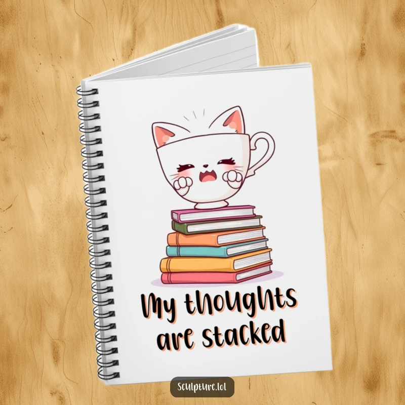 Funny notebook cover with a startled teacup character balancing on books, inspiring precarious thoughts and humorous note-taking.