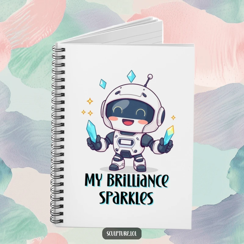 Funny robot juggling crystals on a notebook cover, designed for writing and planning.