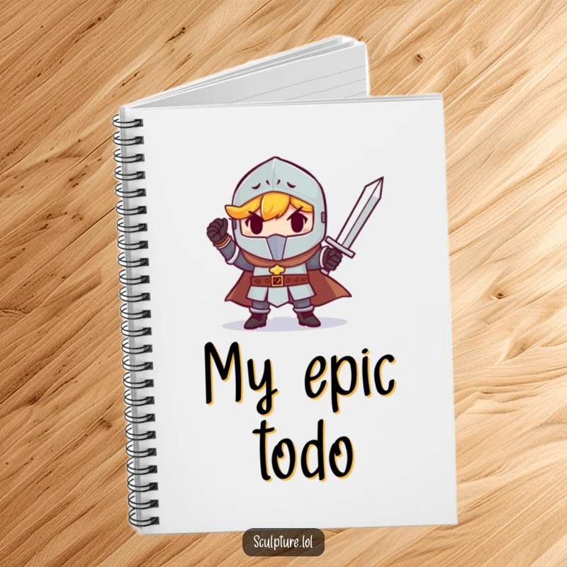 Funny determined small knight holding a tiny sword, ready for notes. A humorous notebook for strategists.